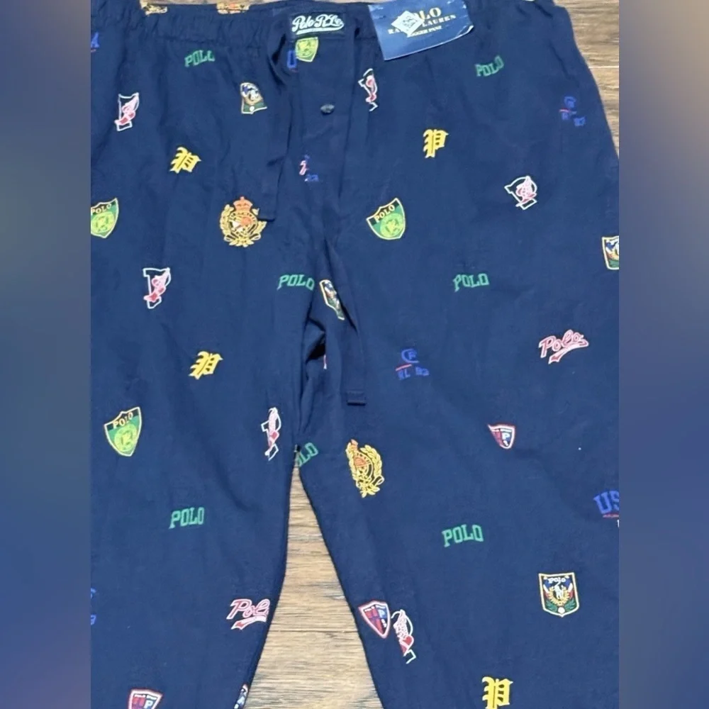 New Polo Ralph Lauren Pep Rally Varsity Logo Print Pajama Jogger Pants Navy L